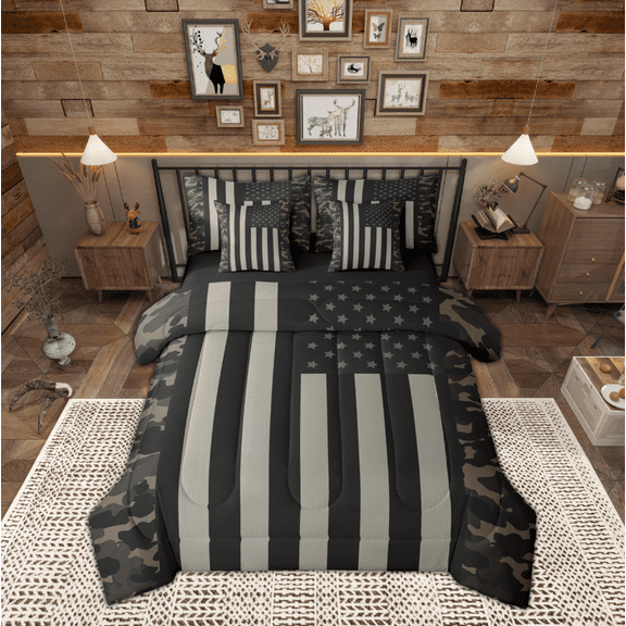 Manfei Camouflage 7-Piece Twin Bedding Sets,Minimalism Geometric Stripes Bedding Comforter Set,Gray Black Green Sheet Sets For Girls Boys,Super Cozy Room Decor Reversible