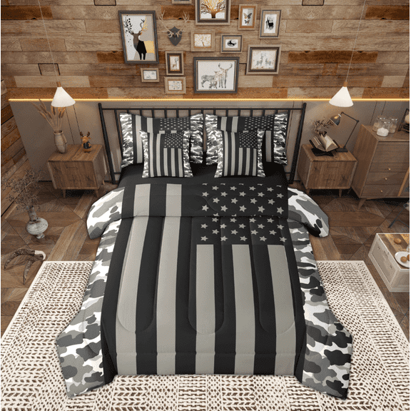 Manfei Camouflage 7pcs Bedding Comforter Set,Minimalism Geometric Stripes Queen Bedding Sets,Gray Black White Queen Sheet Sets For Girls Boys,Super Cozy Room Decor Reversible