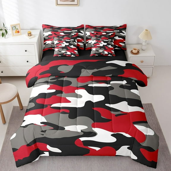 Feelyou Camouflage Bedding Comforter Set 7 Pieces for Teens, Grey Red Full Bedding Set, Cartoon Theme Fitted Sheet Flat Sheet, Super Cozy Room Decorative