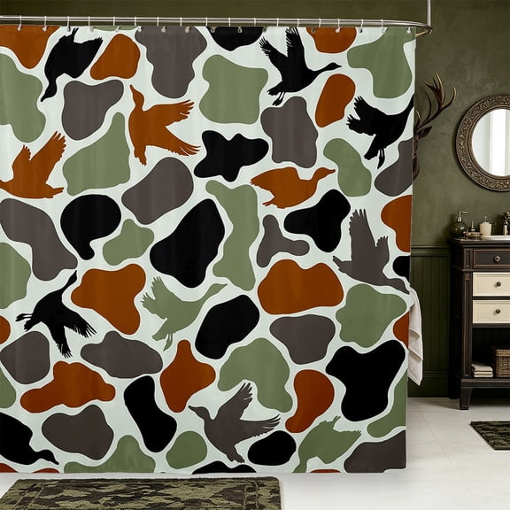 Manfei Camouflage Camo Print Shower Curtain 72Wx72L,Rustic Mallard Slihouette Bathroom Curtain