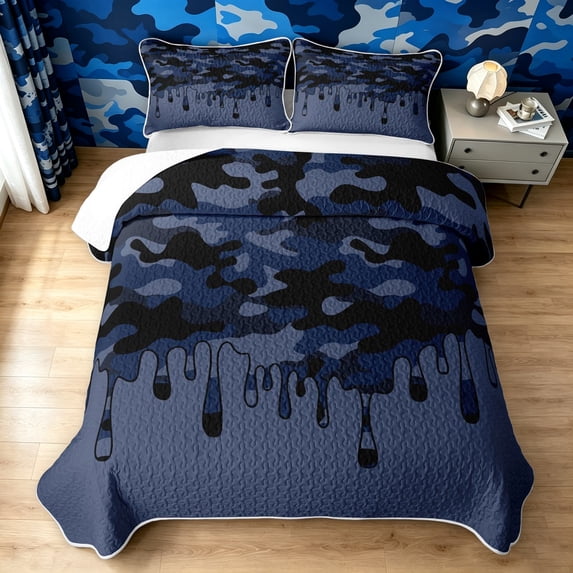 Manfei Camouflage Dripping Quilt King, Old Fashion Camo King Coverlet Set, Steel Blue, 3pcs, 1 Bedspread and 2 Pillowcases