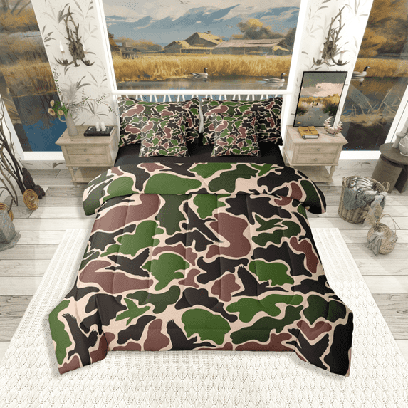 Manfei Camouflage Duck 7pcs Queen Bedding Set - Farmhouse Green Brown Style