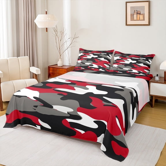 Feelyou Camouflage Full Size Sheets for Teens, Grey Red Bed Sheets, Cartoon Theme Sheet Sets, Super Cozy Room Decorative, 4pcs