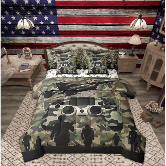 Manfei Camouflage Gamepad Bed in a Bag Twin size, Cartoon Bedding Sets Twin Size, Teens Boys Girls Reversible Bedding Twin Size, Lightweight Bedroom Decoration, 7pcs