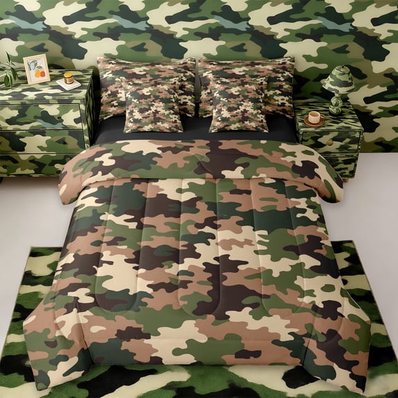 Manfei Camouflage Hunting 7-Piece Twin Bedding Sets,Camo Army Bedding Comforter Set,Green Brown Beige Sheet Sets For Teens,Ultra Soft Home Decor Reversible