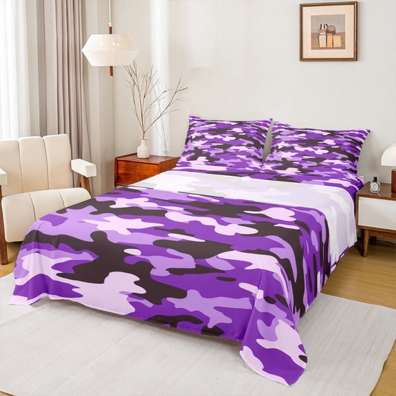 Manfei Camouflage Hunting Bed Sheets,Camo Army King Sheets,Purple Sheet Set For Teens,Ultra Soft Home Decor,4-Piece