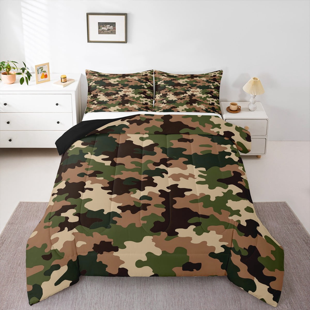 Pink Camouflage Comforter Set Full Size - Deer Antlers Print Quilt With 2 Pillowcases, Kids Girls Bedding