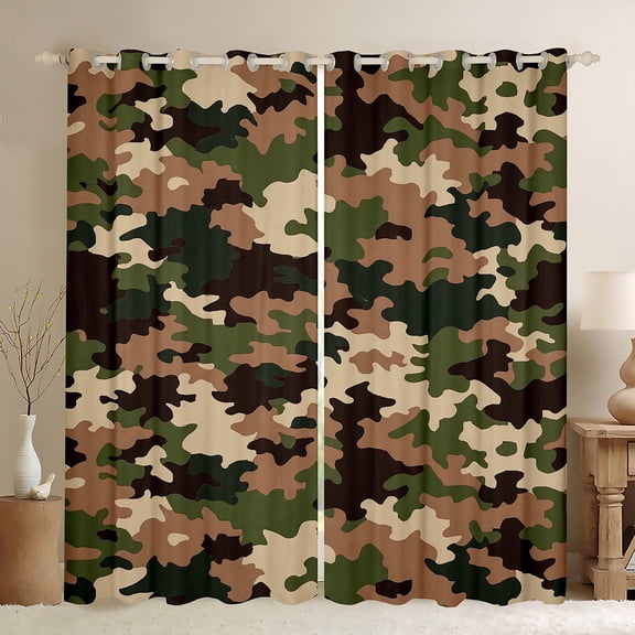 Manfei Camouflage Hunting Curtains Pack of 2 (42x84 Each),Camo Army Curtains Blackout,Green Brown Beige Bedroom Curtains For Teens,Ultra Soft Home Decor