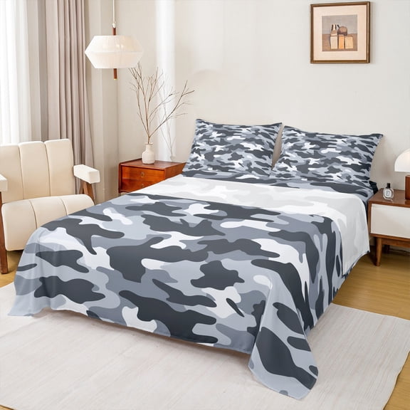 Manfei Camouflage Hunting Twin Sheet Sets,Camo Army Twin Fitted Sheet,Gray White Flat Sheet For Teens,Ultra Soft Home Decor,3pcs