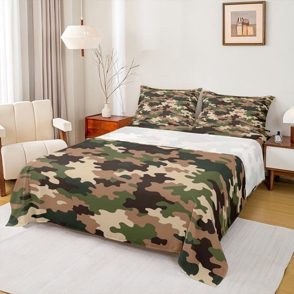 Manfei Camouflage Hunting Twin Sheet Sets,Camo Army Twin Fitted Sheet,Green Brown Beige Flat Sheet For Teens,Ultra Soft Home Decor,3 Pieces