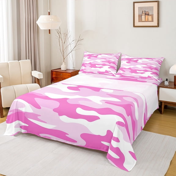 Manfei Camouflage Hunting Twin Bed Sets,Camo Army Fitted Sheets,Pink White Flat Sheet For Teens,Ultra Soft Home Decor,3 Pieces