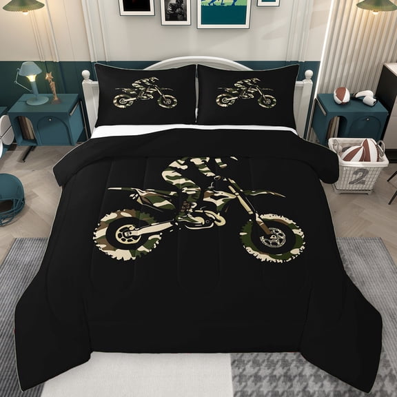 Manfei Camouflage Motorcycle Queen Comforter Set for Kid, Extreme Sports Lover Bedding Sets, Speed Dirt Bike Reversible Bedding Comforter Set, Breathable Home Decor, 3-Piece