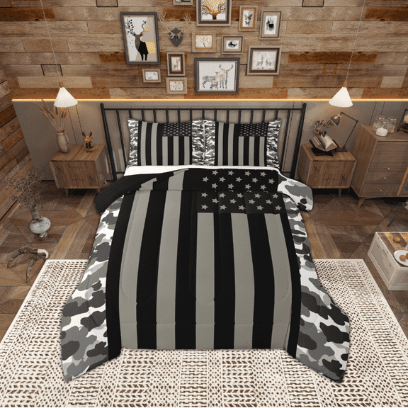 Manfei Camouflage Queen Comforter Set,Minimalism Geometric Stripes Bedding Sets,Gray Black White Bedding Comforter Set For Girls Boys,Super Cozy Room Decor Reversible,3pcs