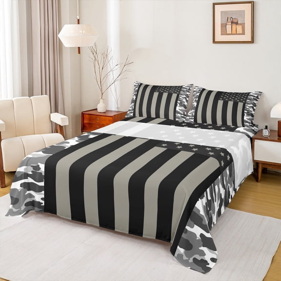 Manfei Camouflage Queen Sheet Sets,Minimalism Geometric Stripes Flat Sheet,Gray Black White Queen Fitted Sheet For Girls Boys,Super Cozy Room Decor,4pcs