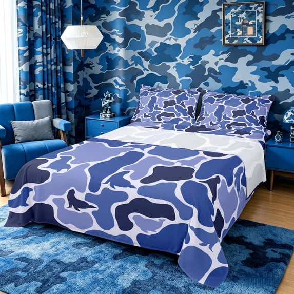 Manfei Camouflage Sea Lion Silhouette Queen Sheet Sets for Kids Boys and Girls, Blue Bed Set 4-Piece, 1 Flat Sheet, 1 Fitted Sheet and 2 Pillowcases