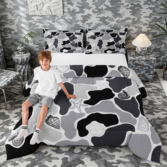 Manfei Camouflage Seashell Starfish Silhouette Queen Comforter Set for Kids Boys and Girls, Black Gray Bedding Comforter Set, Black Reversible 3 Pieces, 1 Comforter and 2 Pillowcases