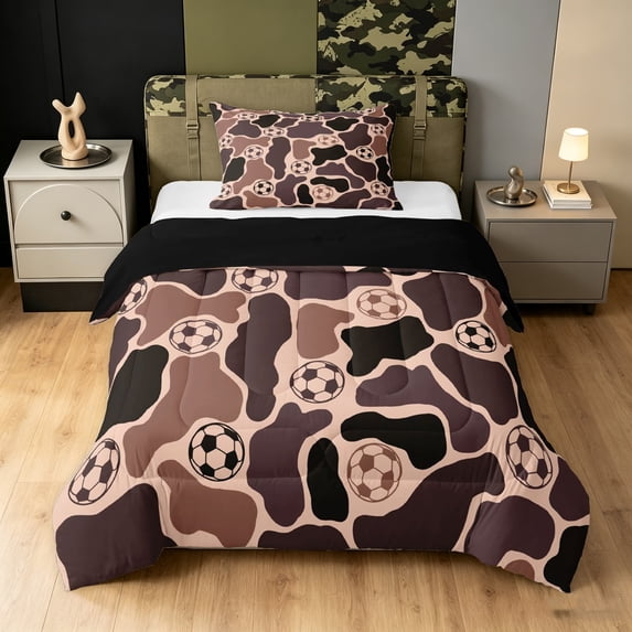 Manfei Camouflage Soccer Twin Comforter Sets, Farmhouse Camo Bedding Set, Pale Brown, Black Reversible, 2-Piece, 1 Comforter and 1 Pillowcase