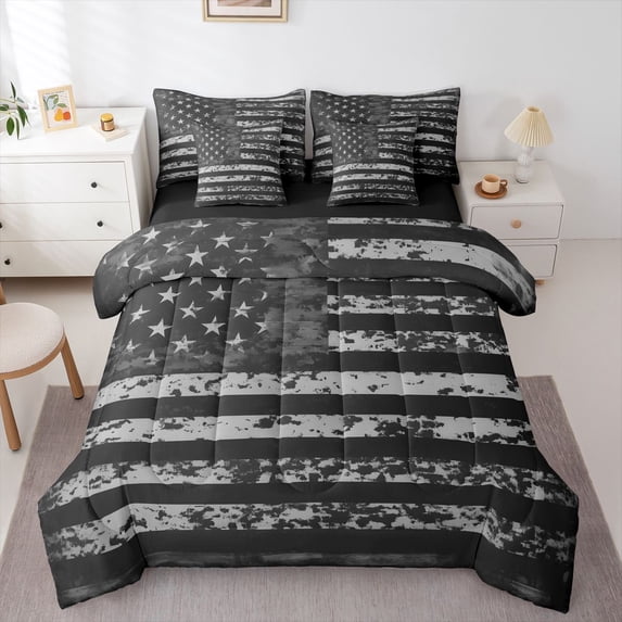 Manfei Camouflage Us Flag 7pcs Queen Bedding,Geometric Stripes Bedding Comforter Set Queen,Gray,Black Reversible