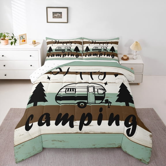 Manfei Camp Camping Bedding Comforter Set,Camper Car Rv Twin Comforter Sets,Green Black Beige Bedding Set For Boy Girls,Super Cozy Room Decor Reversible,2pcs