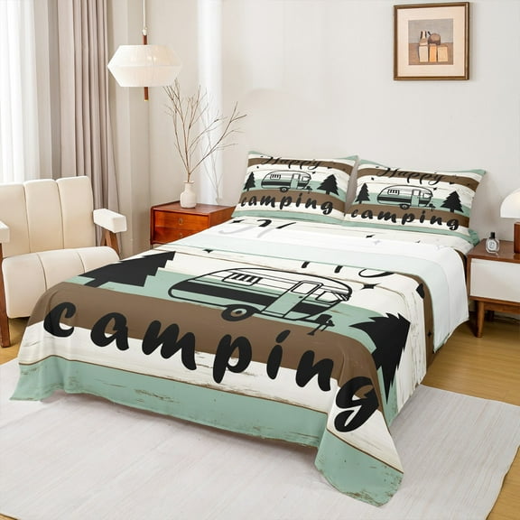 Manfei Camp Camping Twin Sheet Sets,Camper Car Rv Twin Fitted Sheet,Green Black Beige Flat Sheet For Boy Girls,Super Cozy Room Decor,3pcs