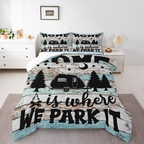 Manfei Camper Car Bedding Comforter Set,Old Barn Door Twin Comforter Sets,Rustic Farmhouse Cabin Bedding Set For Girls Boys,Luxury Bedroom Decor Reversible,2-Piece