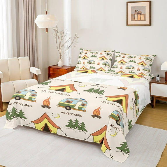 Manfei Camper Sheet Set Queen,Happy Camping Bedding Sets Queen Size,Adventures Rv Queen Sheet Sets For Girl Boys,Ultra Soft Room Decorative,4 Pieces