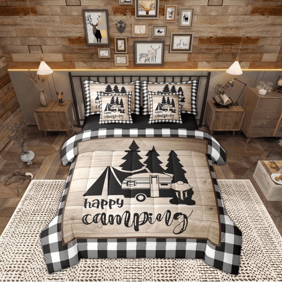 Manfei Camper Theme 7-Piece Twin Bedding Sets,Happy Camping Adventure Bedding Comforter Set,Old Barn Door Sheet Sets For Children,Breathable Home Decor Reversible
