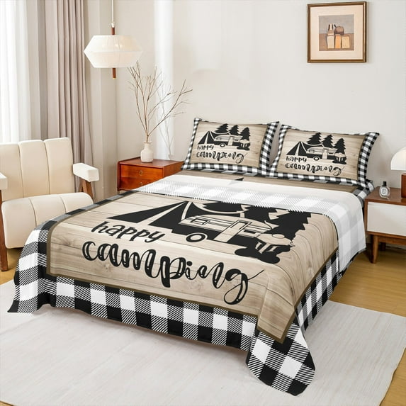 Manfei Camper Theme Queen Sheet Set,Happy Camping Barn Door,Breathable Decor For Children,4-Piece