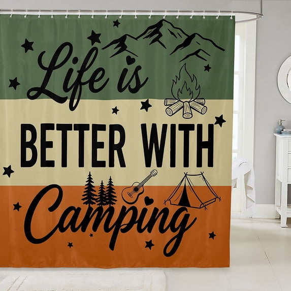 Manfei Campfire Guitar Shower Curtain 72Wx84L,Happy Camping Bathroom Shower Curtain,Olive Green Orange
