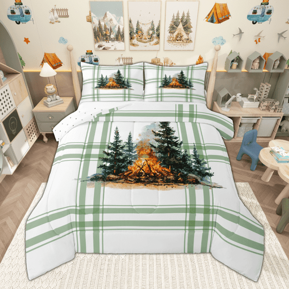 Manfei Campfire Pine Tree Full Size Comforter Sets, Camping Theme Bedding Comforter Set, Green Stripe Bedding Sets, Luxury Bedroom Decor Reversible 3 Pieces