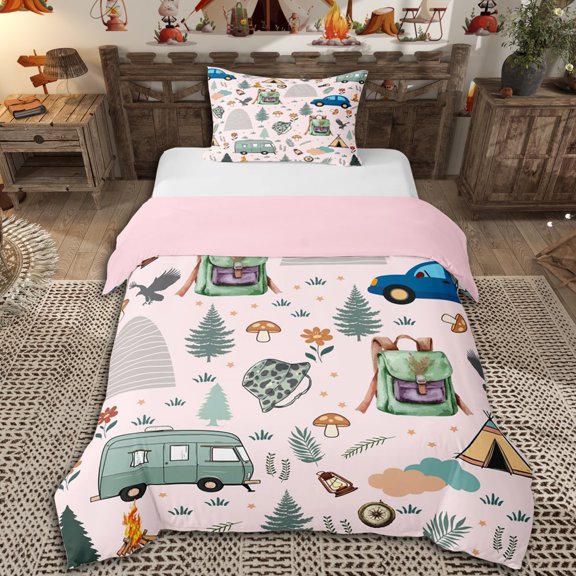 Manfei Camping Accessories Twin Bedding for Boys Girls,Adventure Theme Duvet Cover Set for Kids Teens,2pcs,No Comforter,Pink Reversible,Super Cozy Room Decor