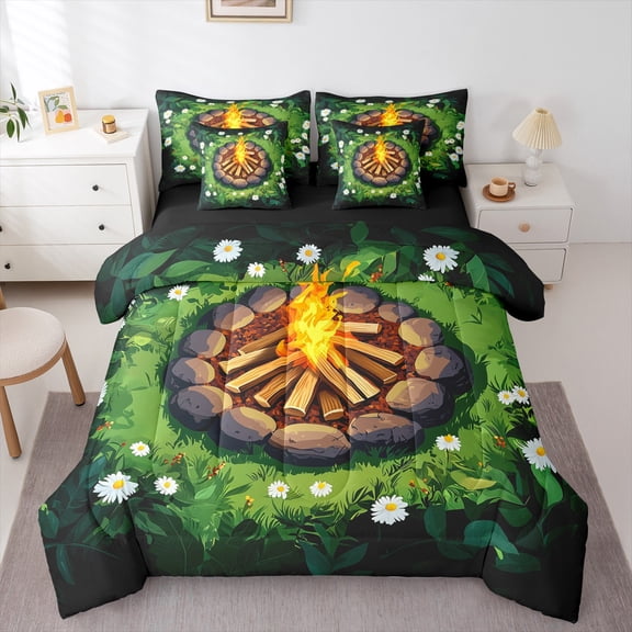 Manfei Camping Adventure Bedding Comforter Set 7-Piece for Kids, Rustic Camp Lover King Bedding Sets, Countryside Reversible Bed Sheets, Microfiber Bedroom Decor