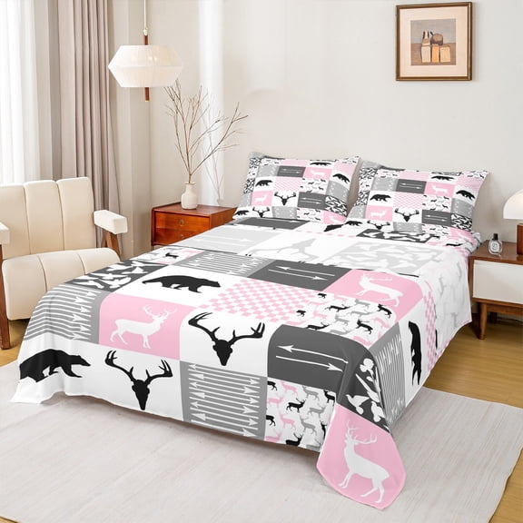 Manfei Camping Adventure Child Bed Sheets, Jungle Wildlife Bear King Sheets, Pink Rustic Buffalo Sheet Set, Breathable Home Decor, 4pcs