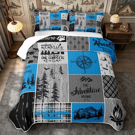 Manfei Camping Camper Quilt King 3 Pieces,Plaid Patchwork King Coverlet Set,Bright Blue Gray,1 Bedspread and 2 Pillowcases