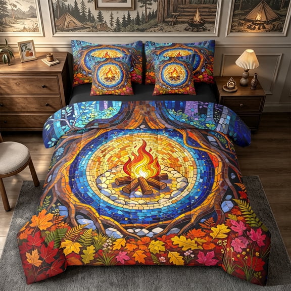 Manfei Camping Campfire 7-Piece Twin Bedding,Boho Tree Of Life Bedding Comforter Set,Blue Brown