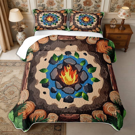 Manfei Camping Campfire Bed Spread Queen 3pcs,Adventure Theme Queen Coverlet Set,1 Quilt and 2 Pillowcases