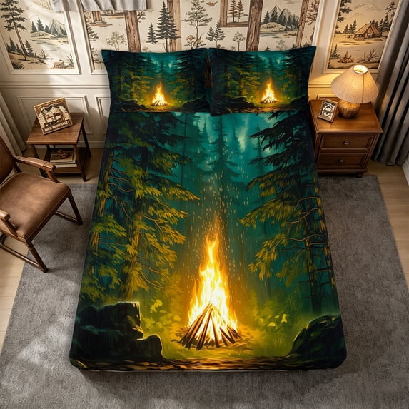 Manfei Camping Campfire Fitted Sheet Full 3 Pieces,Jungle Aurora Bed Set,Teal Yellow,1 Fitted Sheet and 2 Pillowcases