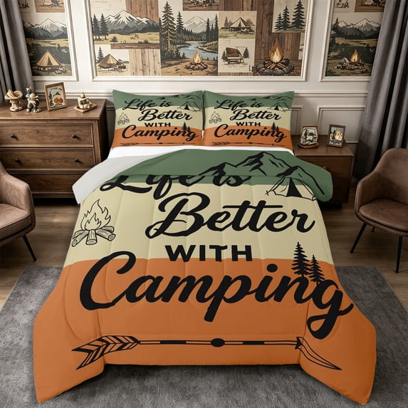 Manfei Camping Campfire Full Size Comforter Sets 3-Piece,Adventure Theme Bedding Comforter Set,Black Green Orange,1 Comforter and 2 Pillowcases,Reversible
