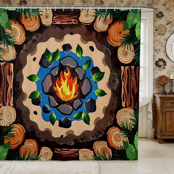Manfei Camping Campfire Shower Curtain 72Wx84L,Adventure Theme Bathroom Shower Curtain