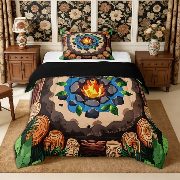 Manfei Camping Campfire Twin Comforter Sets 2pcs,Adventure Theme Bedding Set,1 Comforter and 1 Pillowcase,Reversible