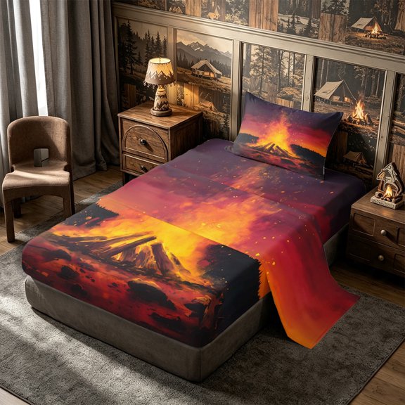 Manfei Camping Campfire Twin Sheets 3pcs,Adventure Theme Bedding,Red Orange,1 Flat Sheet,1 Fitted Sheet and 1 Pillowcase