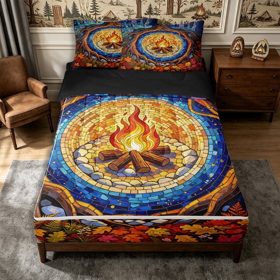 Manfei Camping Campfire Zipper Twin Comforter Sets with Fitted Sheet and 2 Pillowcases,Boho Tree Of Life Zipper Bedding Set,Blue Brown,Reversible