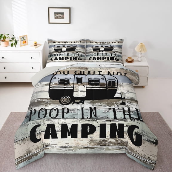 Manfei Camping Car 3 Pieces Queen Comforter Set for Kids Children Teens,Adventure Theme Ultra Soft Bedding Sets,Rustic Cabin Bedding Comforter Set Breathable,Breathable Home Decor,Reversible
