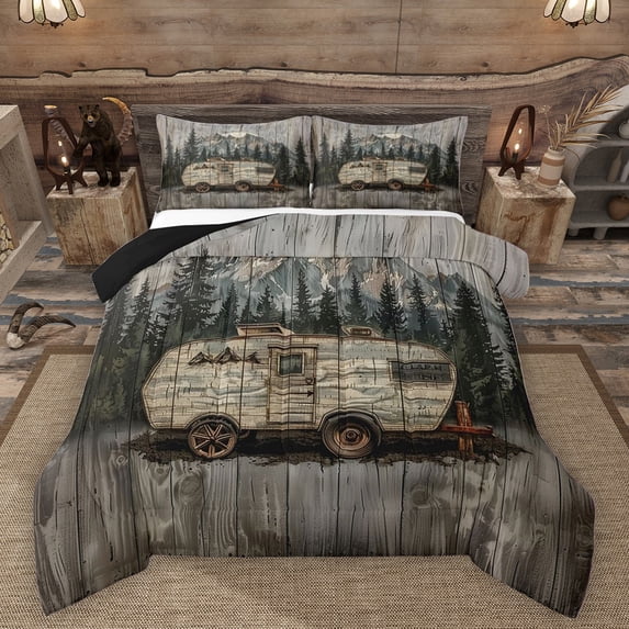 Manfei Camping Car 3 Pieces Queen Comforter Set for Kids Children Teens,Jungle Adventure Theme Ultra Soft Bedding Sets,Rustic Cabin Bedding Comforter Set Breathable,Breathable Home Decor,Reversible