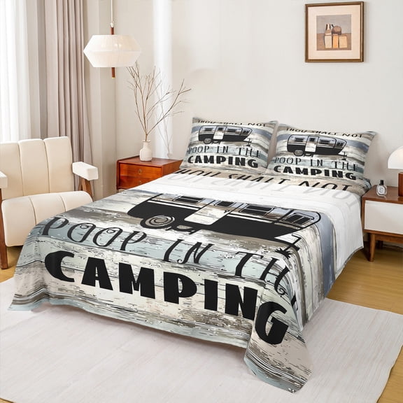 Manfei Camping Car 4 Pieces Queen Sheet Sets for Kids Children Teens,Adventure Theme Ultra Soft Flat Sheet,Rustic Cabin Queen Fitted Sheet,Breathable Home Decor
