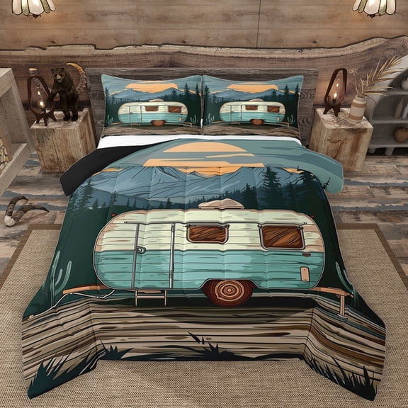 Manfei Camping Car Bedding Comforter Set 2pcs for Kids Children Teens,Adventure Theme Twin Comforter Sets Microfiber,Rustic Cabin Breathable Bedding Set,Breathable Home Decor,Reversible