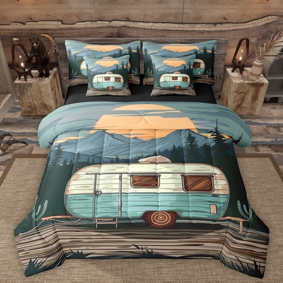 Manfei Camping Car Bedding Comforter Set 7-Piece for Kids Children Teens,Adventure Theme King Bedding Sets,Rustic Cabin Ultra Soft Bed Sheets,Breathable Home Decor,Reversible