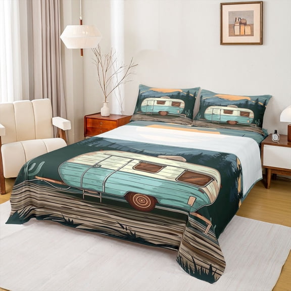 Manfei Camping Car Twin Sheet Sets 3pcs for Kids Children Teens,Adventure Theme Twin Fitted Sheet Microfiber,Rustic Cabin Breathable Flat Sheet,Breathable Home Decor