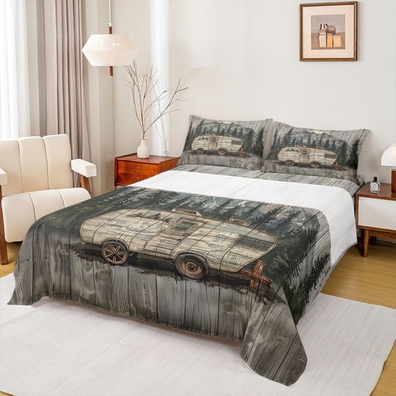 Manfei Camping Car Twin Sheet Sets 3pcs for Kids Children Teens,Jungle Adventure Theme Twin Fitted Sheet Microfiber,Rustic Cabin Breathable Flat Sheet,Breathable Home Decor