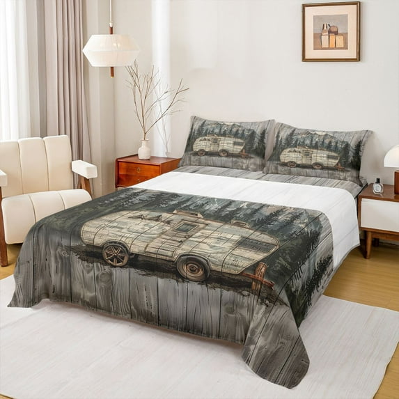 Manfei Camping Car Twin Sheet Sets 3pcs for Kids Children Teens,Jungle Adventure Theme Twin Fitted Sheet Microfiber,Rustic Cabin Breathable Flat Sheet,Breathable Home Decor